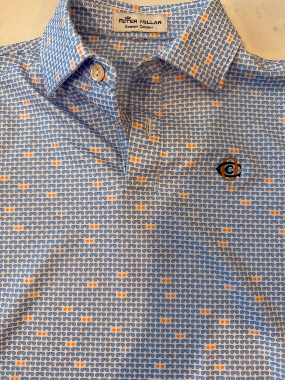 Peter Millar Light Blue Polo with Orange Dot Pattern